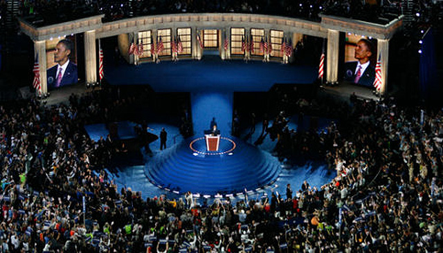 Obama Nomination: Obama speaks in front of Greek columns carved from styrofoam