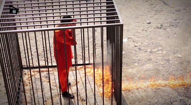 Trail of flame entering cage holding Jordanian pilot Lieutenant Moaz al-Kasasbeh.