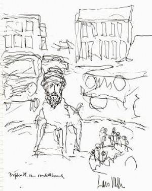 Mohammed cartoon: Mohammed on the head of a dog.