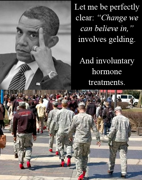 Temple University ROTC soldiers (cadets) forced to march in red heels. Picture of Barack Obama with extended middle finger, saying: Let me be perfectly clear: 'Change we can believe in' involves gelding. And involuntary hormone treatments.