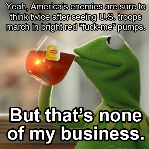 Kermit the Frog drinking Lipton Iced Tea: Yeah, America's enemies are sure to think twice after seeing U.S. troops march in bright red 'fuck-me' pumps. But that's none of my business.