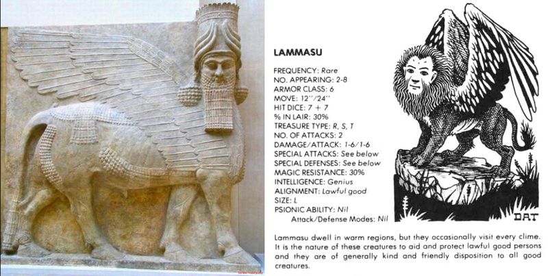 Bas-relief of an Assyrian lamassu (winged bull with the head of a man) compared to Advanced Dungeons and Dragons lammasu (winged lion with the head of man)