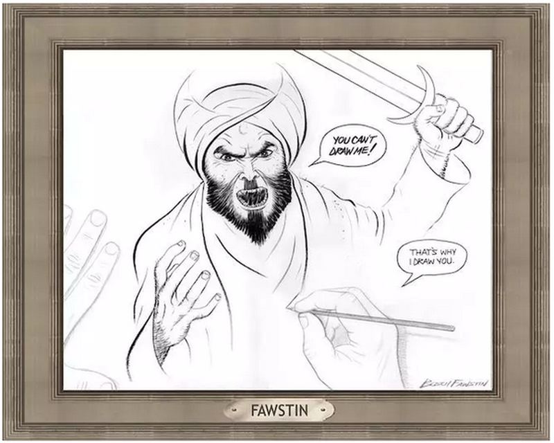 Winner of the Garland Texas cartoon contest: Mohammed with a scimitar, saying: You Can't Draw Me! At the same time, a voice caption from a cartoon hand holding a pencil says: That is why I draw you.