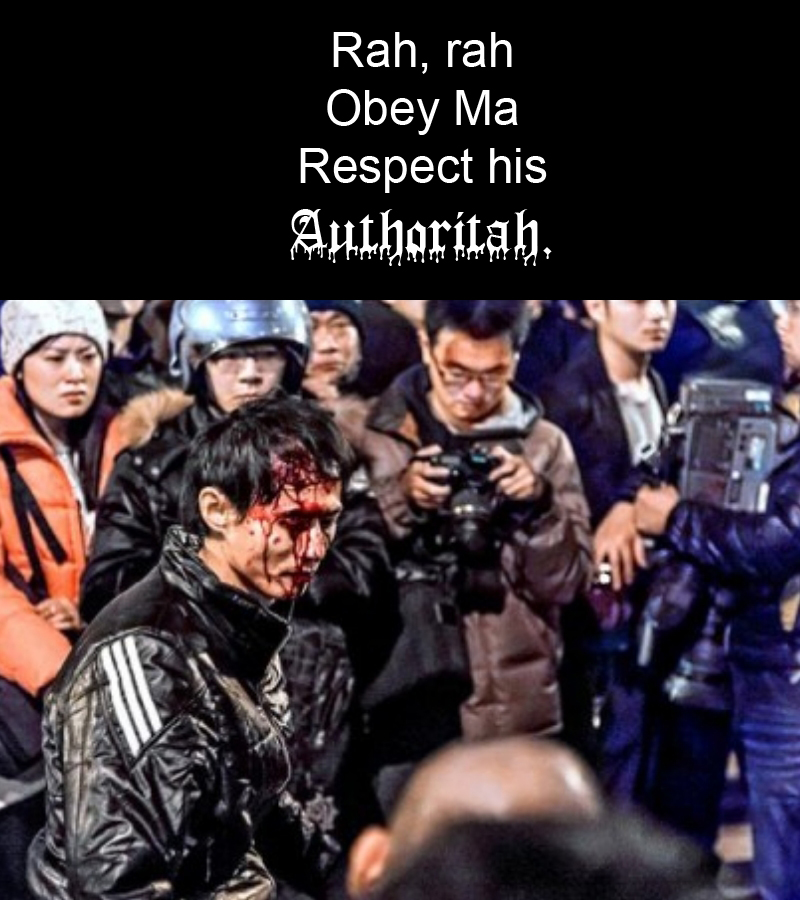 Image of man beaten bloody during Sunflower protests against Taiwanese president Ma Ying jeou, with caption: 'Rah rah, Obey Ma, Respect his, Authoritah.'