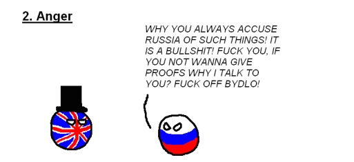 The five stages of arguing with a Russian nationalist (#2: Anger). RUSSIAN: 'WHY YOU ALWAYS ACCUSE RUSSIA OF SUCH THINGS! IT IS A BULLSHIT! FUCK YOU, IF YOU NOT WANNA GIVE PROOFS WHY I TALK TO YOU? FUCK OFF BYDLO!' 