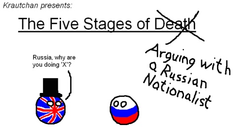 The five stages of arguing with a Russian nationalist. BRIT: 'Russia, why are you doing X?' 