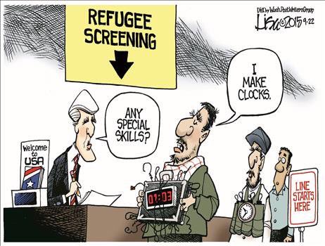 Cartoon. JOHN KERRY (at immigration desk): 'Any special skills?' MUSLIM TERRORIST (with suitcase with numerous wires dangling out of it): 'I make clocks!' 