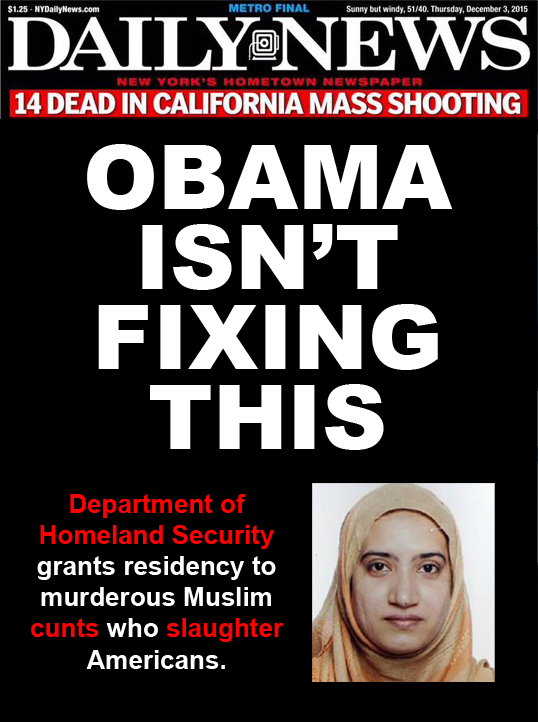 Daily News Headline: 'OBAMA ISN'T FIXING THIS', with image of San Bernadino terrorist Tashfeen Malik and sub-headline: 'Department of Homeland Security grants residency to murderous Muslim cunt who slaughters Americans.'