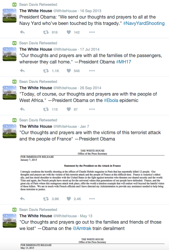 Barack Obama offering thoughts and prayers after various tragedies.