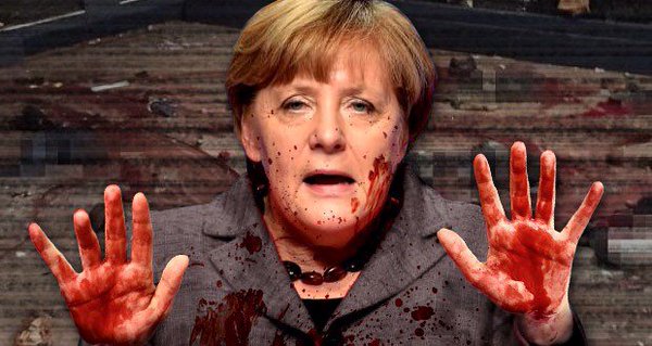 Angela Merkel with blood on her hands and face.
